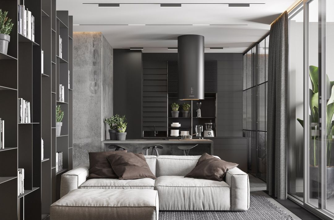 「家居设计」高级黑+工业风，帅气而个性的单身生活装修效果图片_1