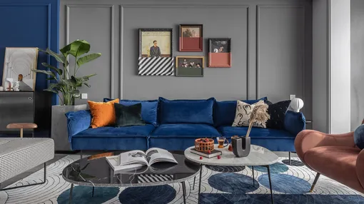 白鲸灰与摩洛哥蓝和太妃糖的撞色，灵动整个空间 #家点颜色#